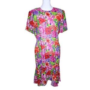 Vintage 80s Leslie Fay Sheath Dress Womens Size 12 Pink Red Floral Shoulder Pads